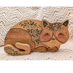 Vintage 1984 Signed Folk Art Wooden Cat Hand Painted Floral Cottagecore Country